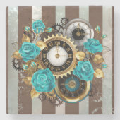 Steampunk Clock- en Turquoise-Rozen op gestreept Stenen Onderzetter (Voorkant)