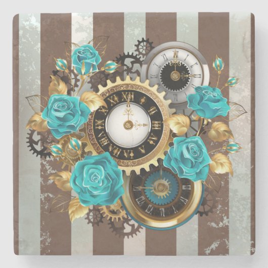 Steampunk Clock- en Turquoise-Rozen op gestreept Stenen Onderzetter (Voorkant)