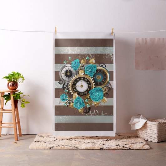 Steampunk Clock- en Turquoise-Rozen op gestreept Stof (Voorbeeld)