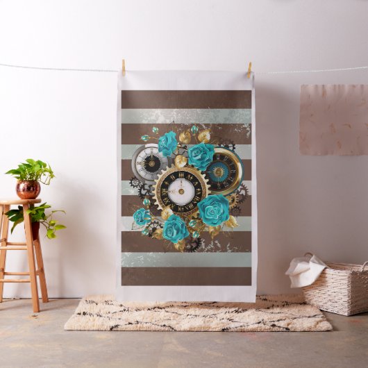 Steampunk Clock- en Turquoise-Rozen op gestreept Stof (Voorbeeld)
