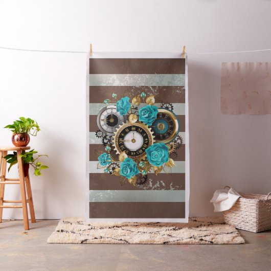 Steampunk Clock- en Turquoise-Rozen op gestreept Stof (Voorbeeld)