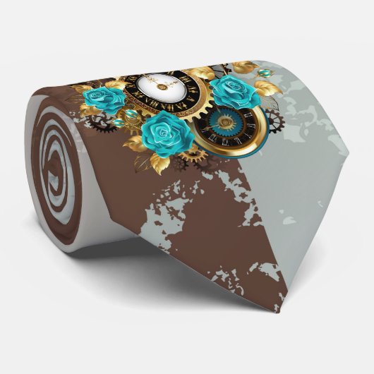 Steampunk Clock- en Turquoise-Rozen op gestreept Stropdas (Opgerold)