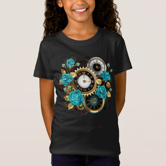 Steampunk Clock- en Turquoise-Rozen op gestreept T-shirt (Voorkant)