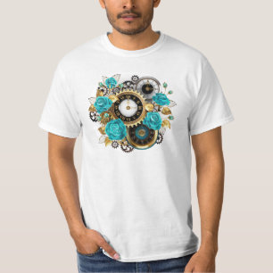 Steampunk Clock- en Turquoise-Rozen op gestreept T-shirt