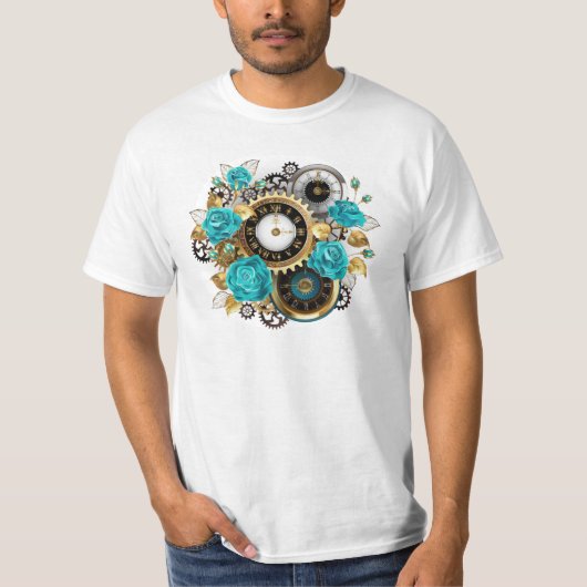Steampunk Clock- en Turquoise-Rozen op gestreept T-shirt (Voorkant)