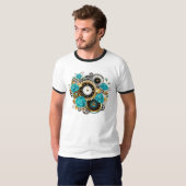 Steampunk Clock- en Turquoise-Rozen op gestreept T-shirt (Voorkant volledig)