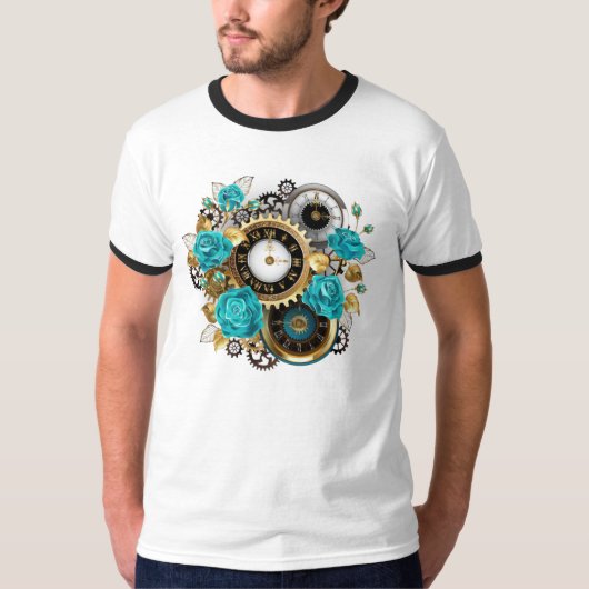Steampunk Clock- en Turquoise-Rozen op gestreept T-shirt (Voorkant)
