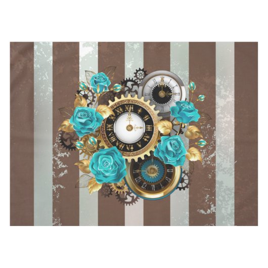 Steampunk Clock- en Turquoise-Rozen op gestreept Tafelkleed (Voorkant (Horizontaal))