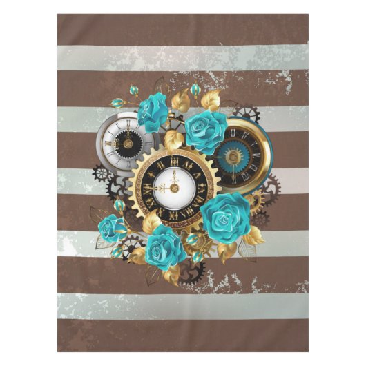 Steampunk Clock- en Turquoise-Rozen op gestreept Tafelkleed (Voorkant)