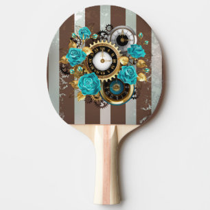 Steampunk Clock- en Turquoise-Rozen op gestreept Tafeltennisbatje