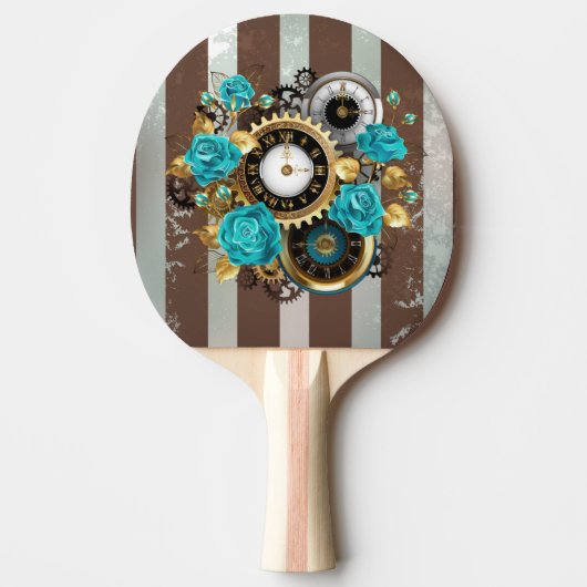 Steampunk Clock- en Turquoise-Rozen op gestreept Tafeltennisbatje (Voorkant)