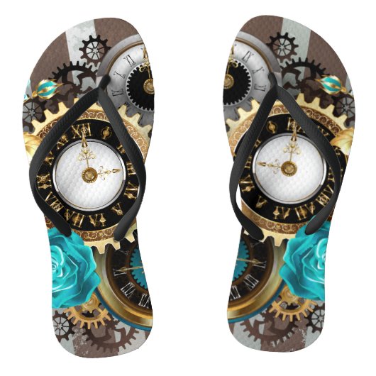 Steampunk Clock- en Turquoise-Rozen op gestreept Teenslippers (Voetbed)