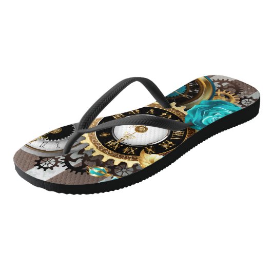 Steampunk Clock- en Turquoise-Rozen op gestreept Teenslippers (Schuin)