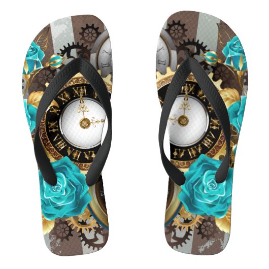 Steampunk Clock- en Turquoise-Rozen op gestreept Teenslippers (Voetbed)