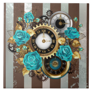 Steampunk Clock- en Turquoise-Rozen op gestreept Tegeltje