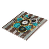 Steampunk Clock- en Turquoise-Rozen op gestreept Tegeltje (Zijkant)
