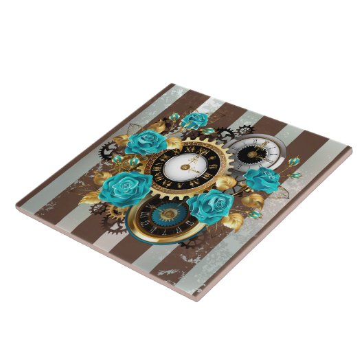 Steampunk Clock- en Turquoise-Rozen op gestreept Tegeltje (Zijkant)