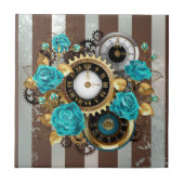 Steampunk Clock- en Turquoise-Rozen op gestreept Tegeltje (Voorkant)