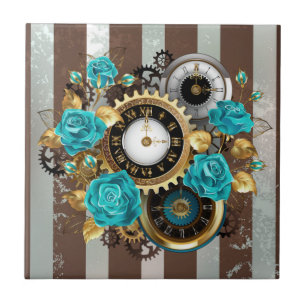 Steampunk Clock- en Turquoise-Rozen op gestreept Tegeltje