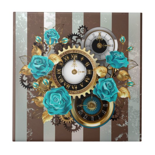 Steampunk Clock- en Turquoise-Rozen op gestreept Tegeltje (Voorkant)
