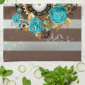 Steampunk Clock- en Turquoise-Rozen op gestreept Theedoek (Gevouwen)
