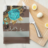Steampunk Clock- en Turquoise-Rozen op gestreept Theedoek (Quarter Fold)