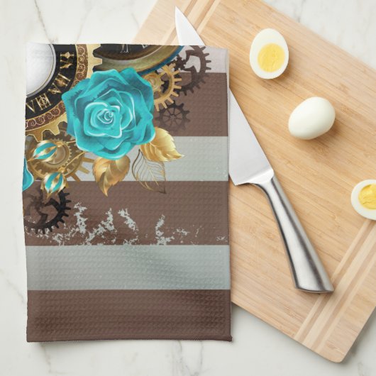 Steampunk Clock- en Turquoise-Rozen op gestreept Theedoek (Quarter Fold)