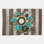 Steampunk Clock- en Turquoise-Rozen op gestreept Theedoek (Horizontaal)