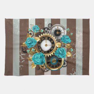 Steampunk Clock- en Turquoise-Rozen op gestreept Theedoek