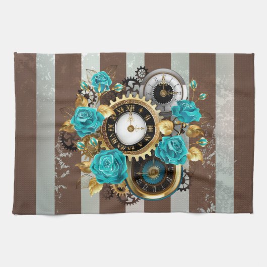 Steampunk Clock- en Turquoise-Rozen op gestreept Theedoek (Horizontaal)