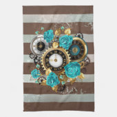 Steampunk Clock- en Turquoise-Rozen op gestreept Theedoek (Verticaal)