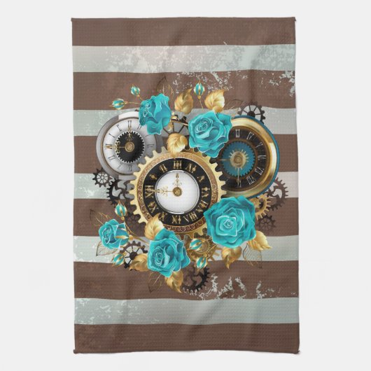 Steampunk Clock- en Turquoise-Rozen op gestreept Theedoek (Verticaal)