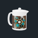 Steampunk Clock- en Turquoise-Rozen op gestreept Theepot<br><div class="desc">Gepatterde,  antiek horloge,  met sieraden,  gouden uurtjes handen en Latijnse cijfers met turkooisachtige rozen op een bruine,  gestreepte achtergrond. Steampunk-stijl.</div>