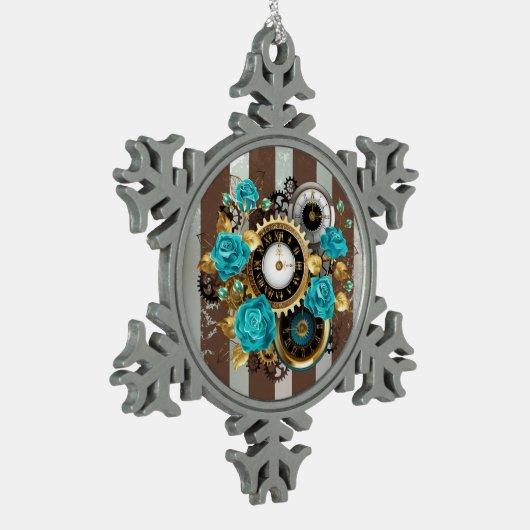 Steampunk Clock- en Turquoise-Rozen op gestreept Tin Sneeuwvlok Ornament (Links)