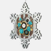 Steampunk Clock- en Turquoise-Rozen op gestreept Tin Sneeuwvlok Ornament (Rechts)