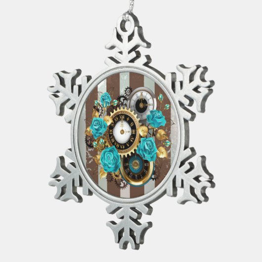 Steampunk Clock- en Turquoise-Rozen op gestreept Tin Sneeuwvlok Ornament (Rechts)