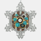 Steampunk Clock- en Turquoise-Rozen op gestreept Tin Sneeuwvlok Ornament (Voorkant)