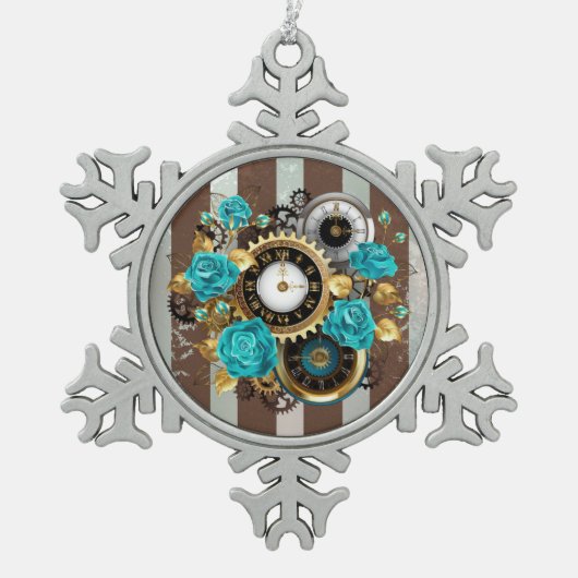 Steampunk Clock- en Turquoise-Rozen op gestreept Tin Sneeuwvlok Ornament (Voorkant)