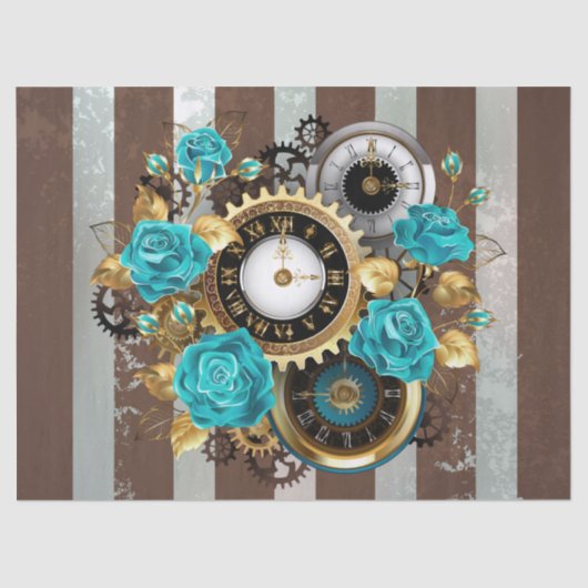 Steampunk Clock- en Turquoise-Rozen op gestreept Tissuepapier (Voorkant)