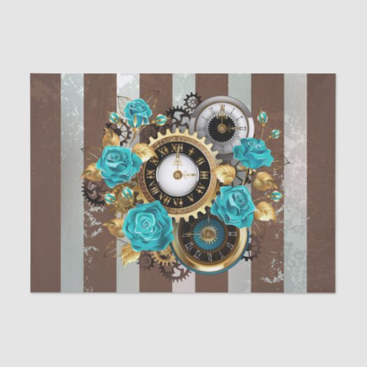 Steampunk Clock- en Turquoise-Rozen op gestreept Tissuepapier (Voorkant)