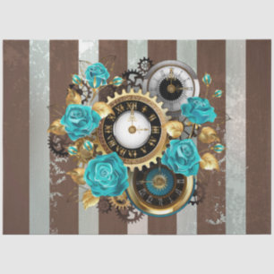 Steampunk Clock- en Turquoise-Rozen op gestreept Tissuepapier