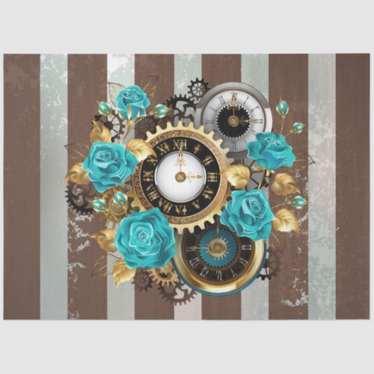 Steampunk Clock- en Turquoise-Rozen op gestreept Tissuepapier (Voorkant)
