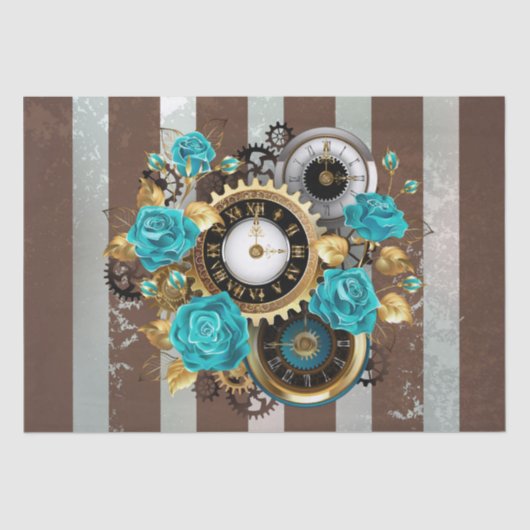 Steampunk Clock- en Turquoise-Rozen op gestreept Tissuepapier (Voorkant)