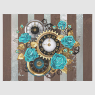Steampunk Clock- en Turquoise-Rozen op gestreept Tissuepapier