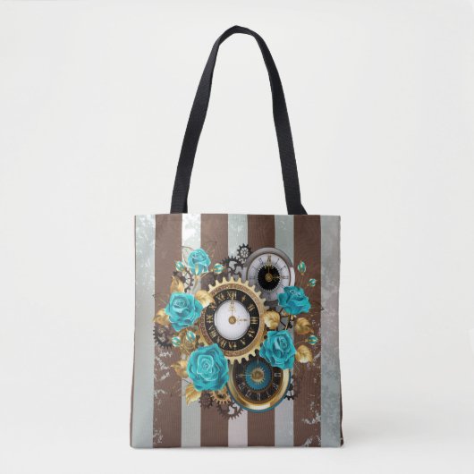 Steampunk Clock- en Turquoise-Rozen op gestreept Tote Bag (Voorkant)