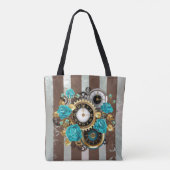 Steampunk Clock- en Turquoise-Rozen op gestreept Tote Bag (Achterkant)