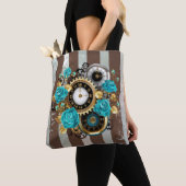 Steampunk Clock- en Turquoise-Rozen op gestreept Tote Bag (Dichtbij)