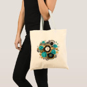 Steampunk Clock- en Turquoise-Rozen op gestreept Tote Bag (Voorkant (product))