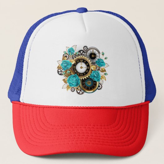 Steampunk Clock- en Turquoise-Rozen op gestreept Trucker Pet (Voorkant)