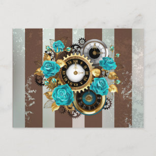 Steampunk Clock- en Turquoise-Rozen op gestreept Uitnodiging Briefkaart